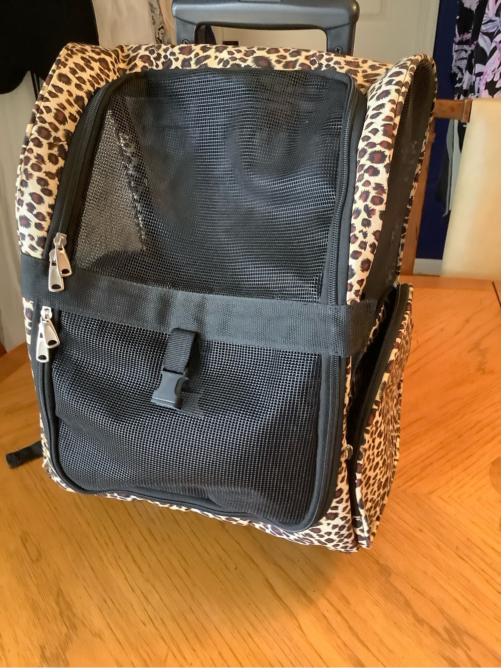 Leopard Print Pet Carrier Backpack and wheels. Black Mesh Front and sides.